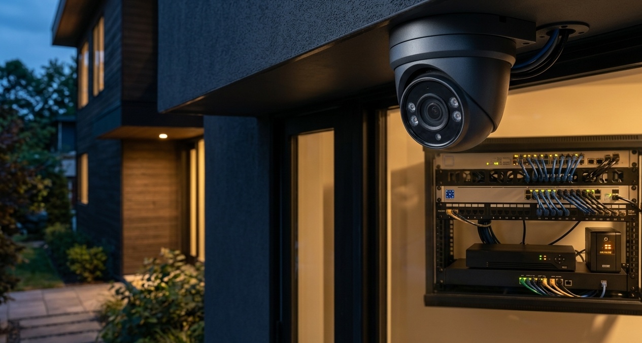 Commercial PoE surveillance camera system integrated with local edge AI accelerator in residential technology closet