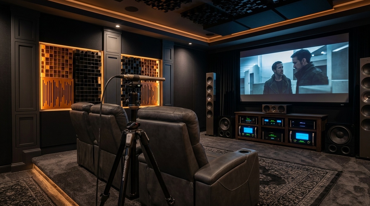 Acoustically treated home theater with custom subwoofers and calibrated measurement microphone