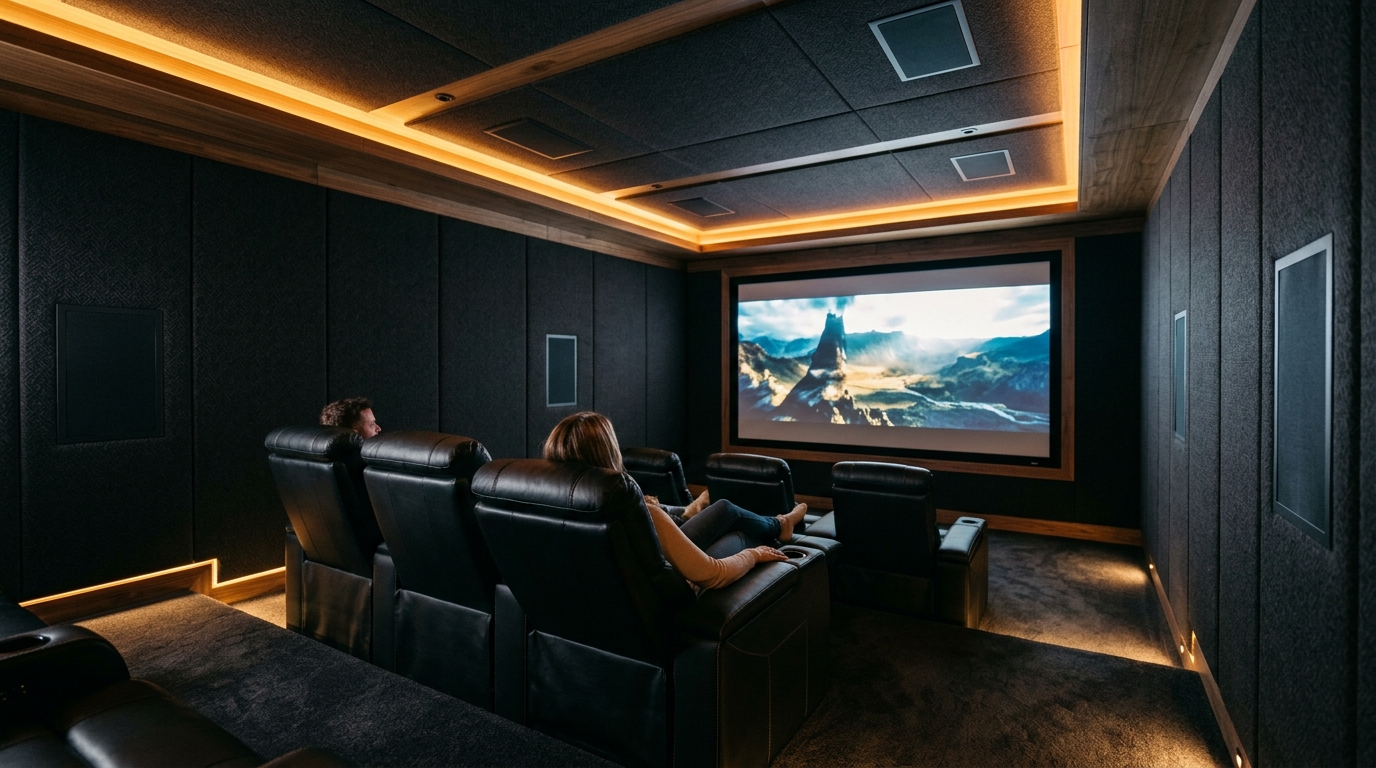 Custom luxury dedicated home theater room with dark acoustic fabric wall panels and discrete flush in-ceiling architectural height speakers