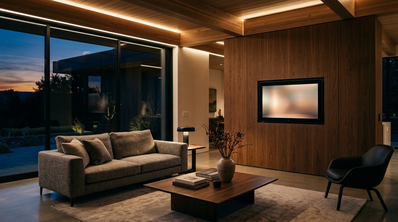Modern architectural luxury living room with flush wall mounted smart home touch display glowing with ambient scene controls