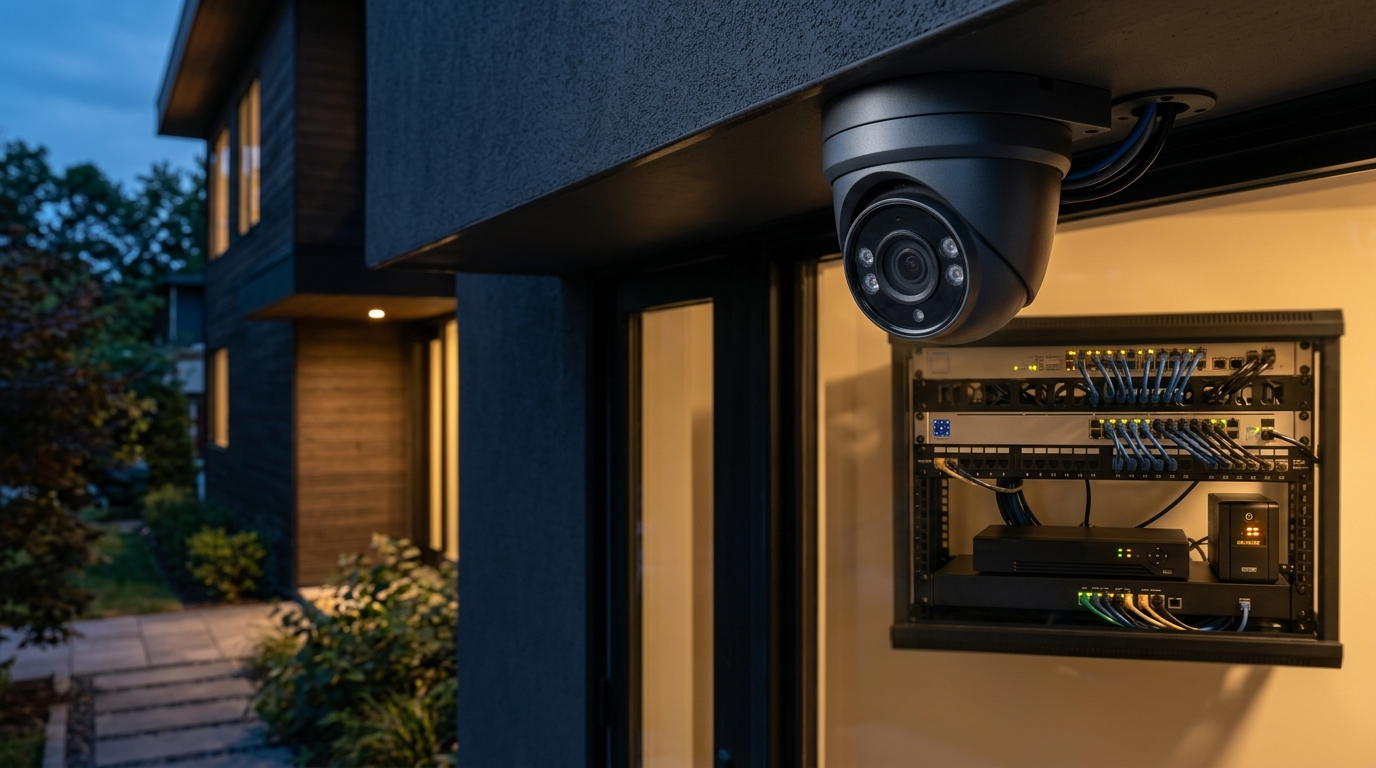 PoE Security Turret Camera and Home Server Rack Running Frigate NVR Edge AI 2026