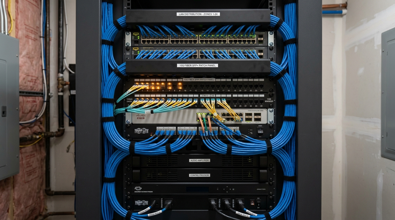 Pristine Luxury Home AV Infrastructure Rack with 10GbE SFP+ Fiber Patch Panel and Blue Cat6A Cabling 2026