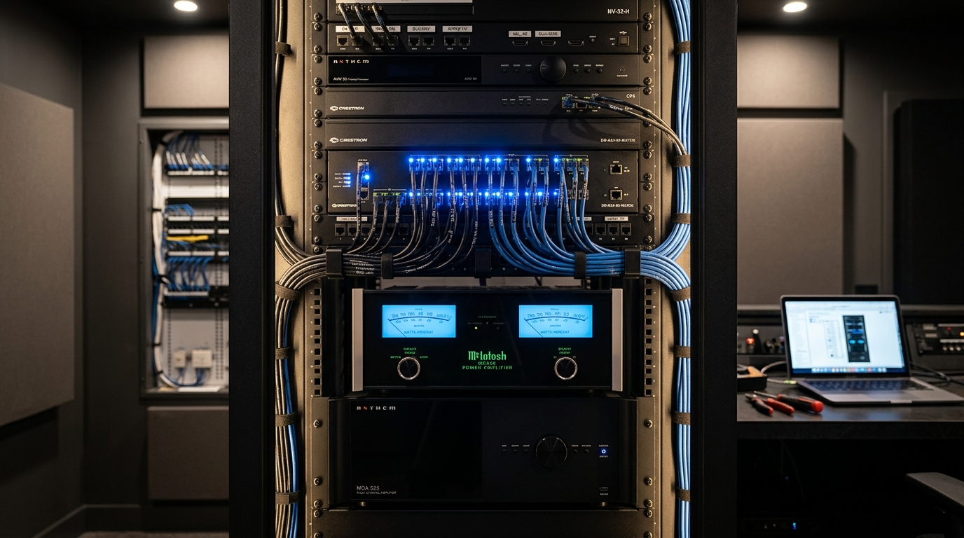 Enterprise residential AV equipment rack showcasing 8K AV-over-IP SDVoE matrix switch with blue activity LEDs and neatly laced Cat6A cabling