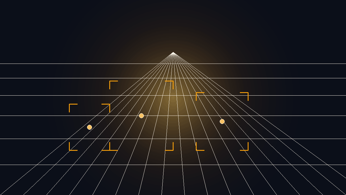 Abstract geometric computer vision spatial perspective frustum with luminous amber tracking geometry