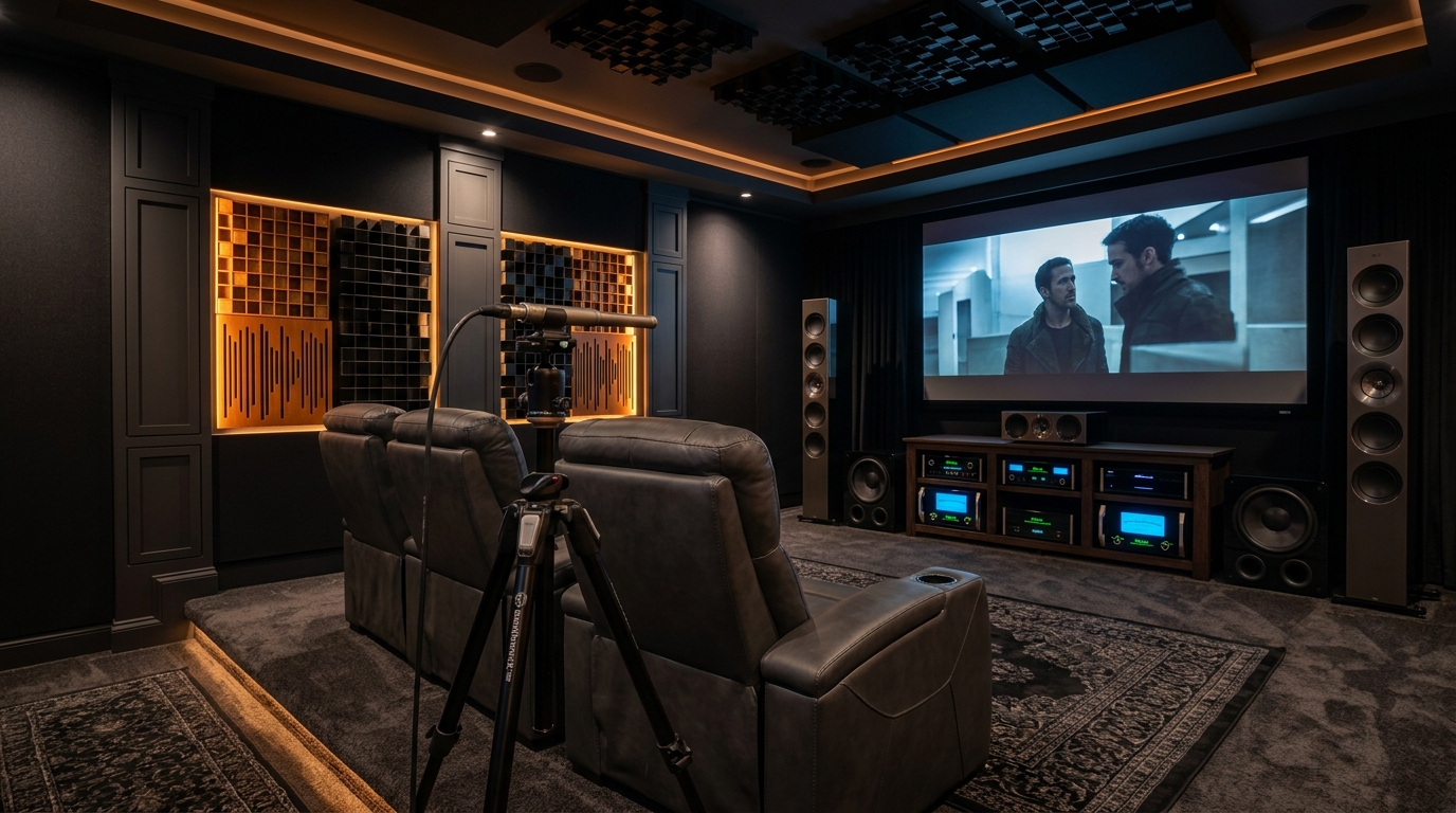 Calibrated Measurement Microphone on Tripod in Luxury Home Theater with Obsidian Acoustic Diffusers 2026