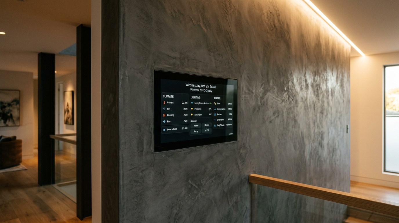 Flush-mounted smart home touchscreen control panel on architectural plaster wall displaying responsive Home Assistant automation dashboard