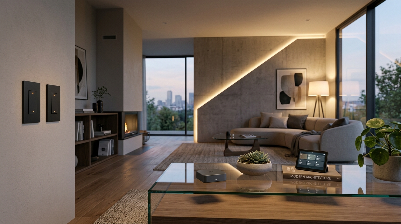 Architectural Modern Living Room with Matter Thread Border Router and Smart Switches 2026