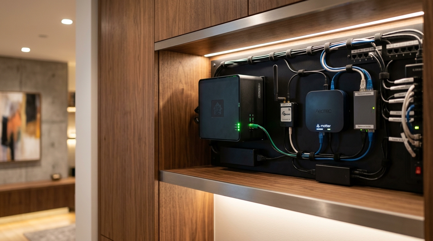 Structured smart home media enclosure showing Home Assistant server, Z-Wave Long Range gateway antenna, and Matter border router in luxury modern home