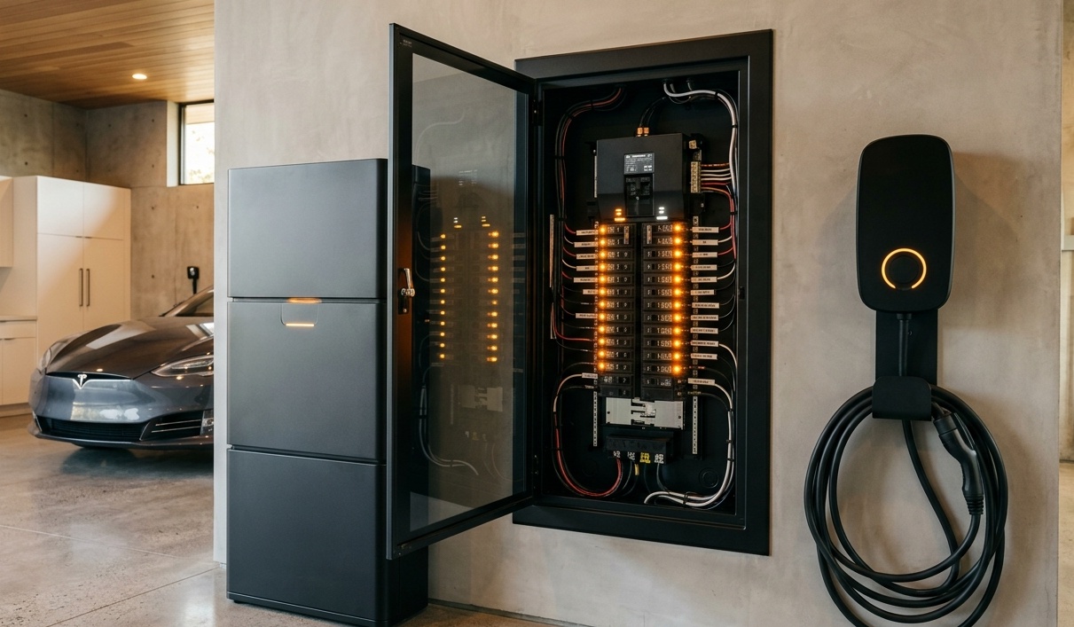 Architectural residential electrical panel installation with intelligent monitoring and automated circuit breakers