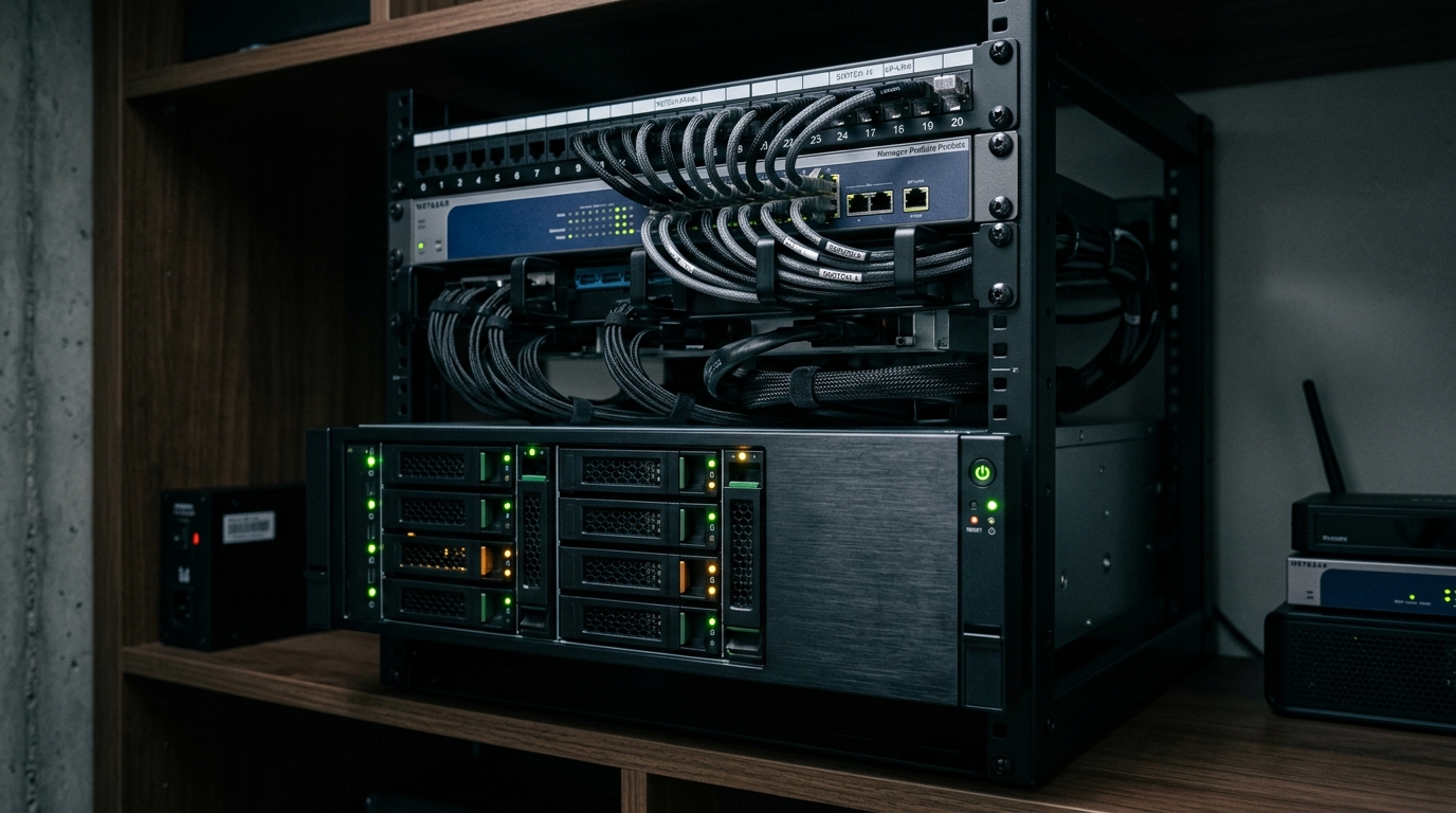 Rackmount home server with hot-swap drive bays and network switch for Unraid vs TrueNAS SCALE storage pools