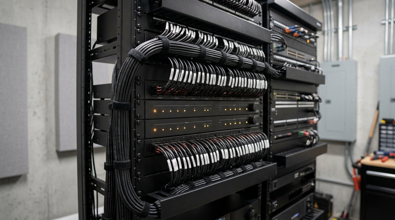 Professional 42U equipment rack with multi-zone matrix power amplifiers, digital signal processors, and combed structured audio cabling