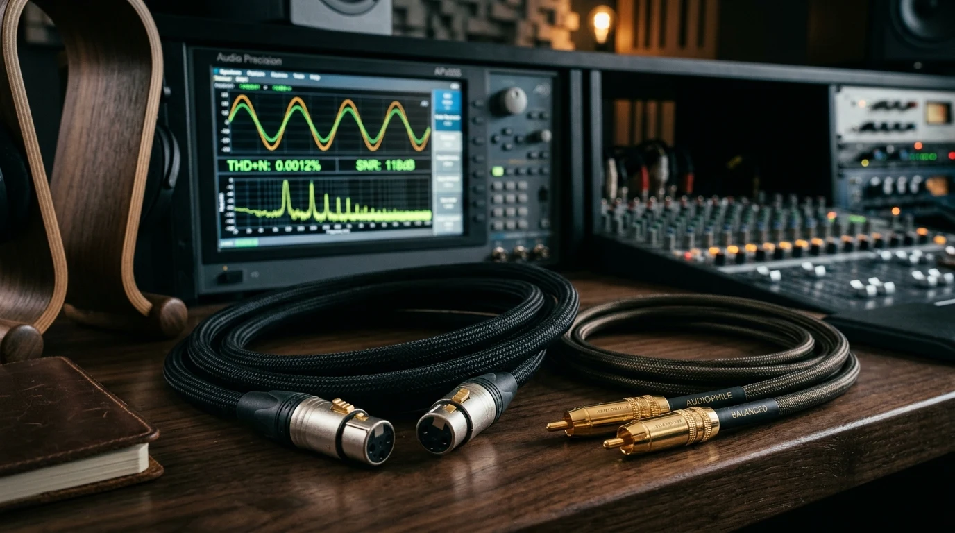 High-end audio mastering studio workbench with balanced XLR cables, gold RCA interconnects, and an audio precision spectrum analyzer
