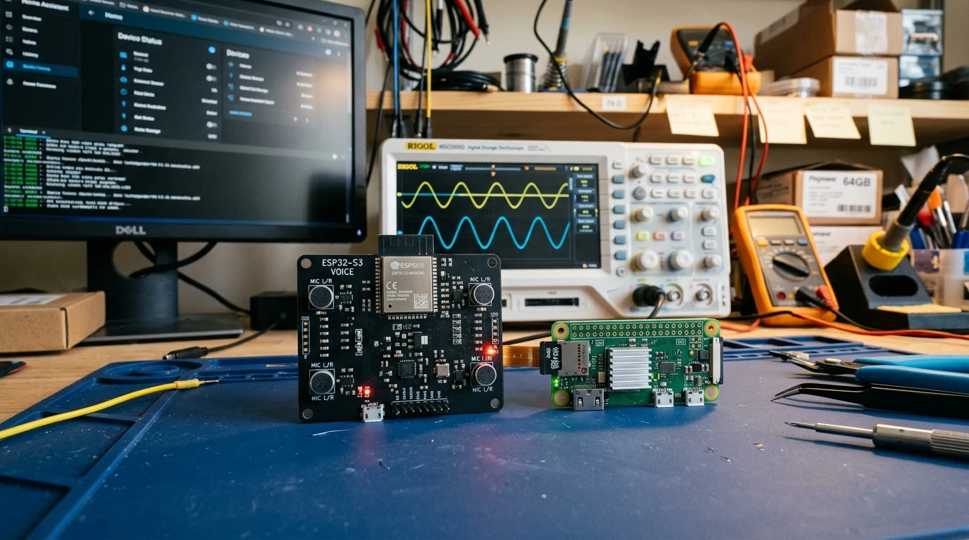 Hardware electronics workbench with ESP32-S3 voice satellite development board and Raspberry Pi Zero 2W