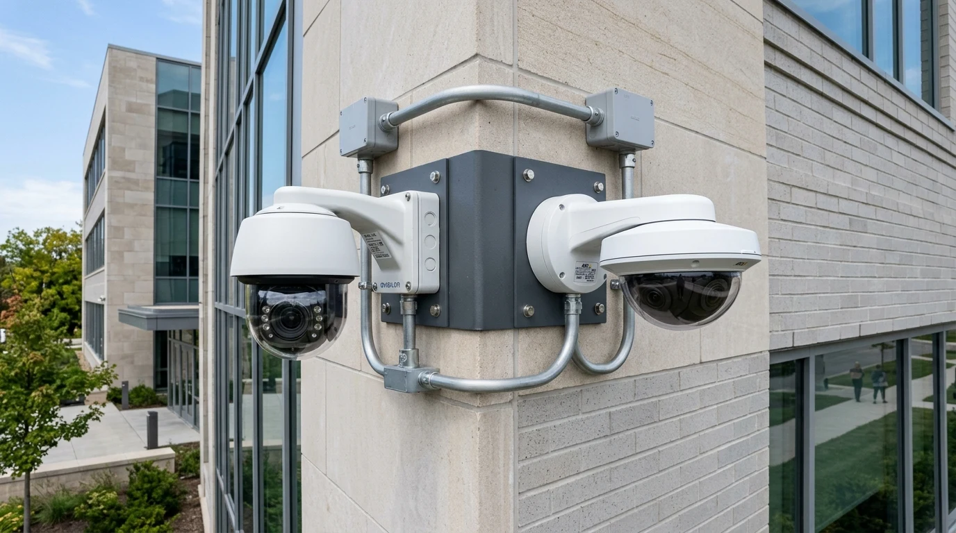 Commercial perimeter installation showing industrial outdoor PoE++ PTZ camera and multi-sensor 180-degree panoramic camera