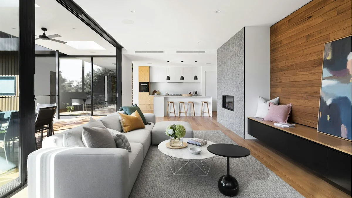 Smart home automation living room with local wireless mesh coordinator and smart wall devices