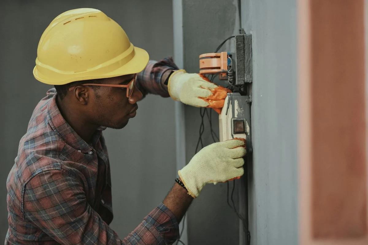 Electrician installing heavy-duty whole-home surge protection device (SPD) in main electrical breaker service panel